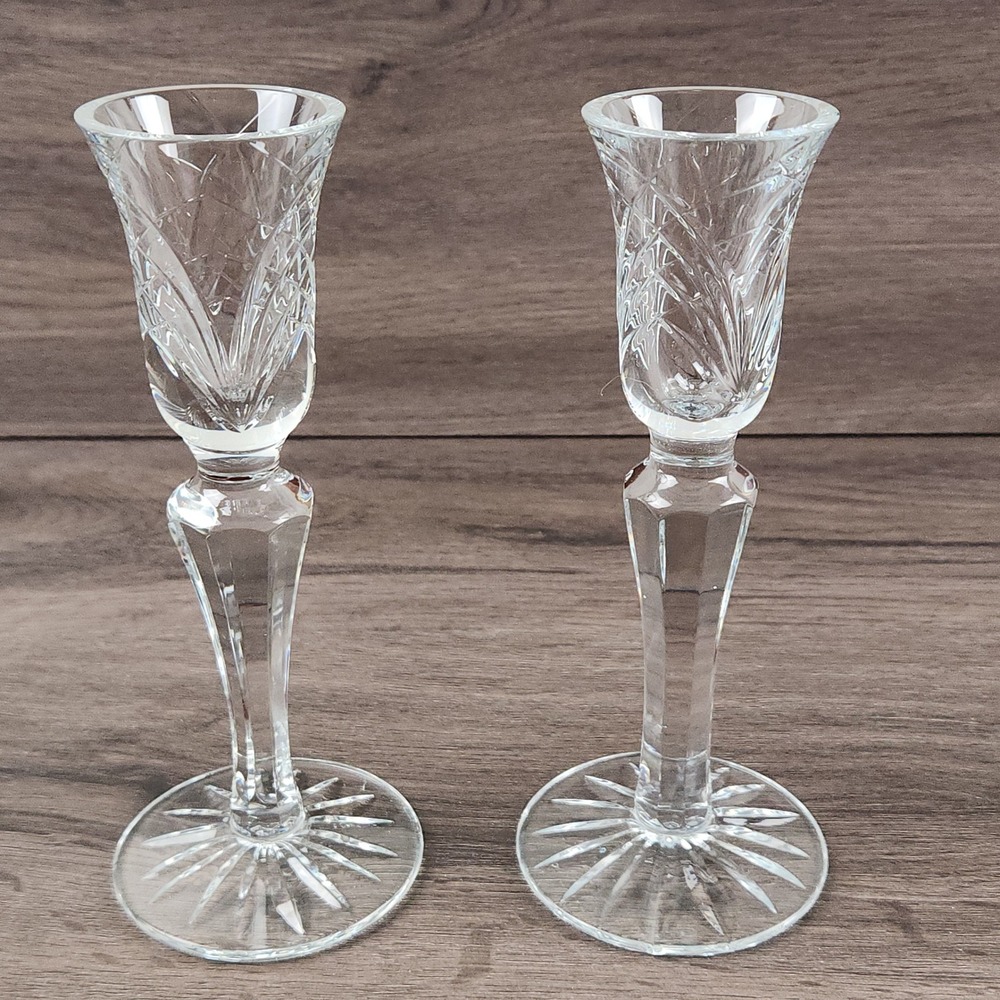 Vintage Crystal Cordial Glasses Set of 2 Clear Cut Glass Faceted Stem
